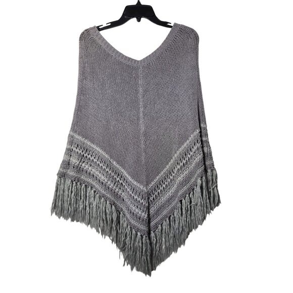 American Eagle Outfitters Women Gray Wool Blend Knit Fringed Poncho Sweater L/XL - Picture 3 of 8